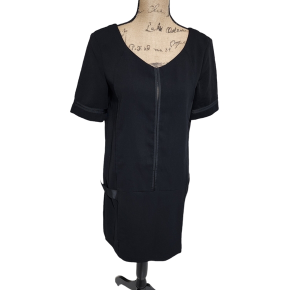 KOOPLES black Satin Trimmed Mini Shift Dress Wednesday Adams Goth size large - Picture 1 of 6